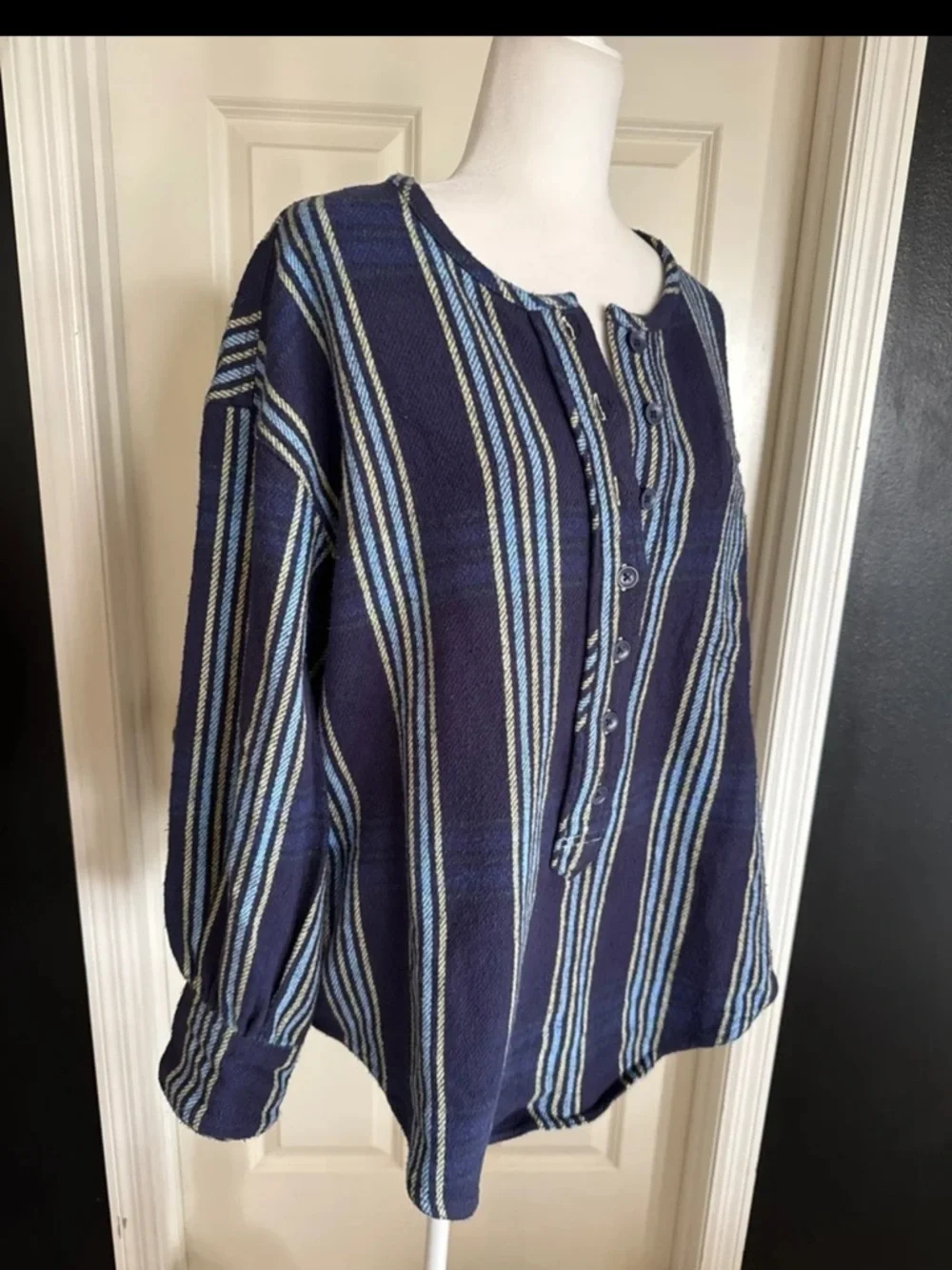 FREE PEOPLE We The Free Denim Dreaming Pullover in Blue Stripe oversized Small
